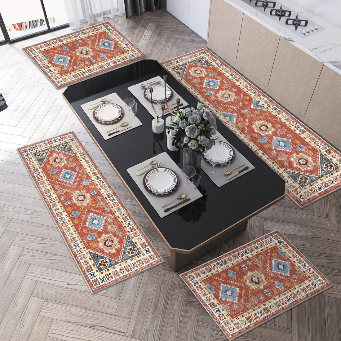 Boho Floral 4-Piece Kitchen Rug Set – Soft & Durable