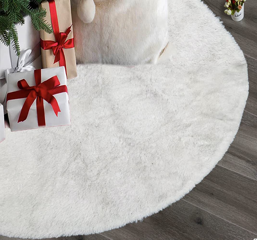 AOGU 48 Inch Faux Fur Christmas Tree Skirt White Plush Skirt for Merry Christmas Party Christmas Tree Decoration