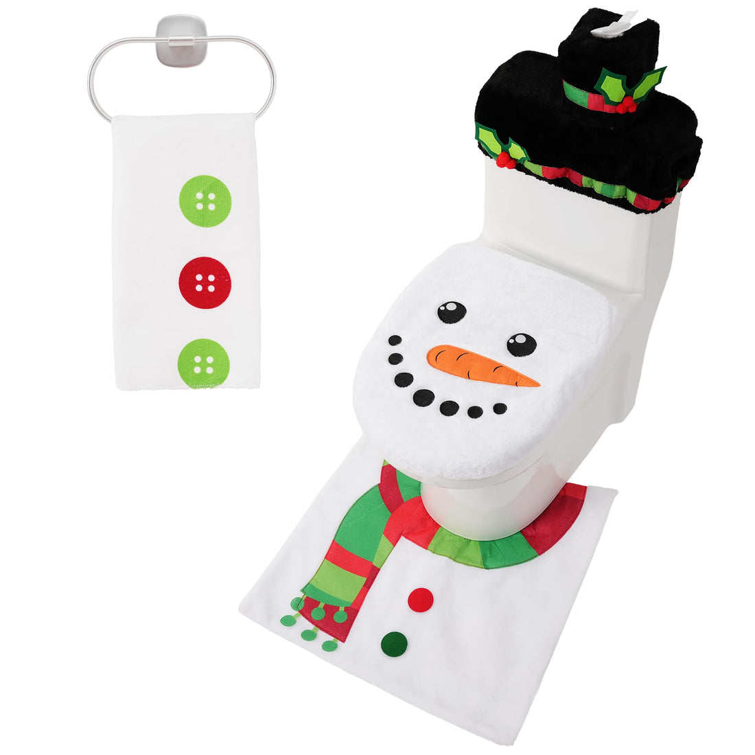 JOYIN 5 Pieces Christmas Theme Bathroom Decoration Set w/Toilet Seat Cover, Rugs, Tank Cover, Toilet Paper Box Cover and Santa Towel for Xmas Indoor Décor, Party Favors (Santa)
