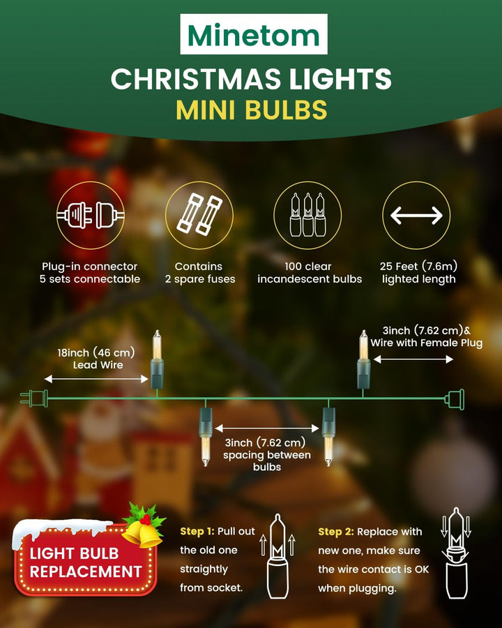 Minetom Clear Christmas String Lights 100 Count 25 Feet Incandescent Bulb Mini Lights for Indoor Xmas Tree Garland Birthday Wedding Party Festival Decoration, Green Wire