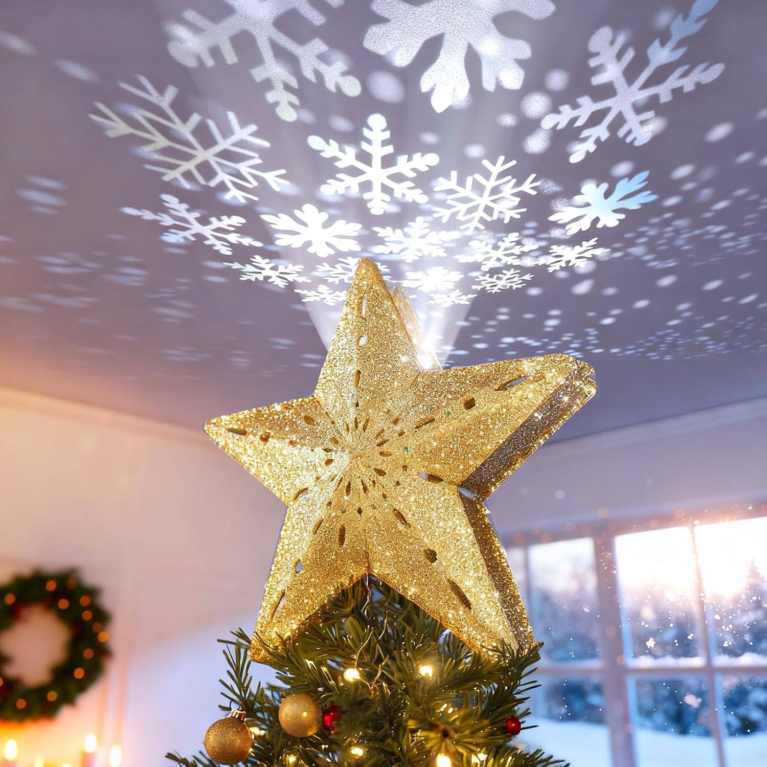 Sparkling Star Topper with Rotating Projector for Christmas Tree