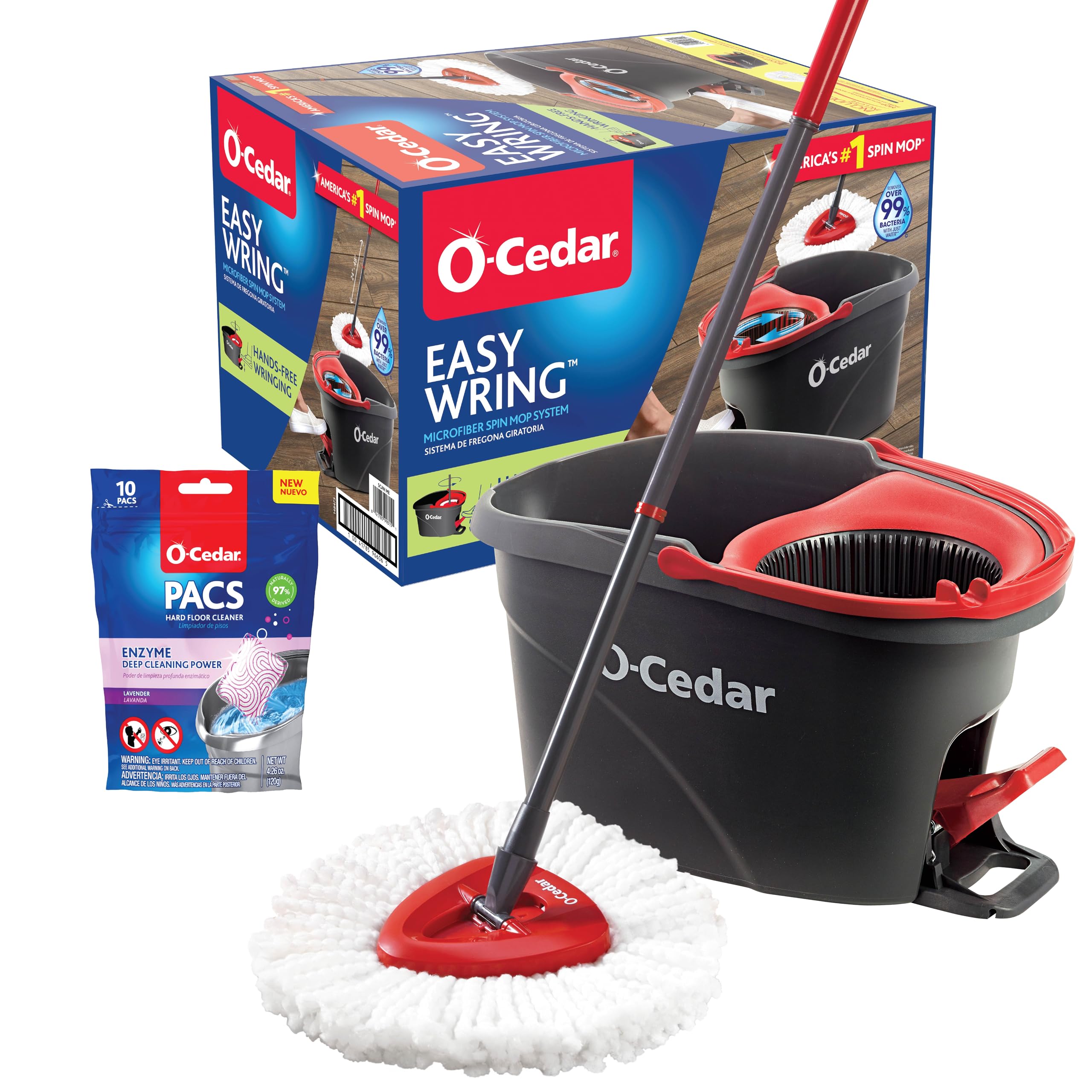 O-Cedar EasyWring Microfiber Spin Mop, Bucket Floor Cleaning System, Red, Gray, Standard