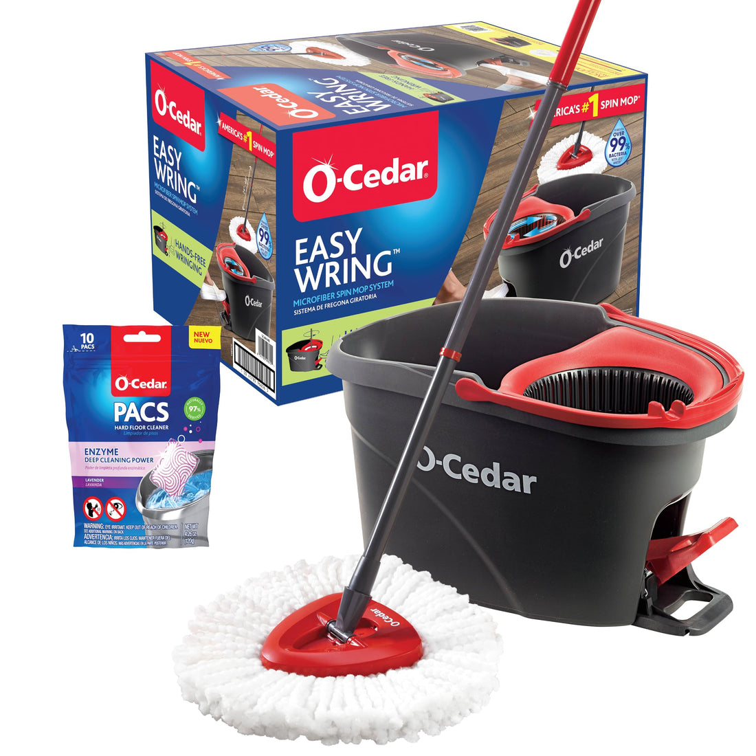 O-Cedar EasyWring Microfiber Spin Mop, Bucket Floor Cleaning System, Red, Gray, Standard