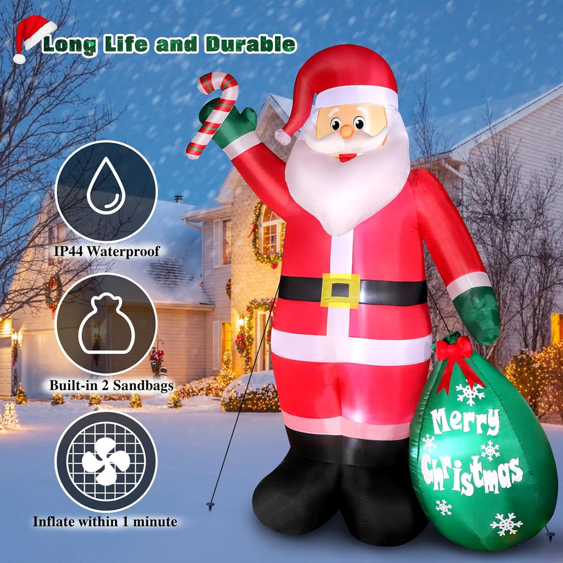 8 FT Christmas Inflatable Santa Claus with Candy and Big Gift Bag Outdoor Decor, Blow Up IP44 Weatherproof Xmas Decorations for Yard, Built-in LED Light for Gardern Lawn Indoor Winter Holiday