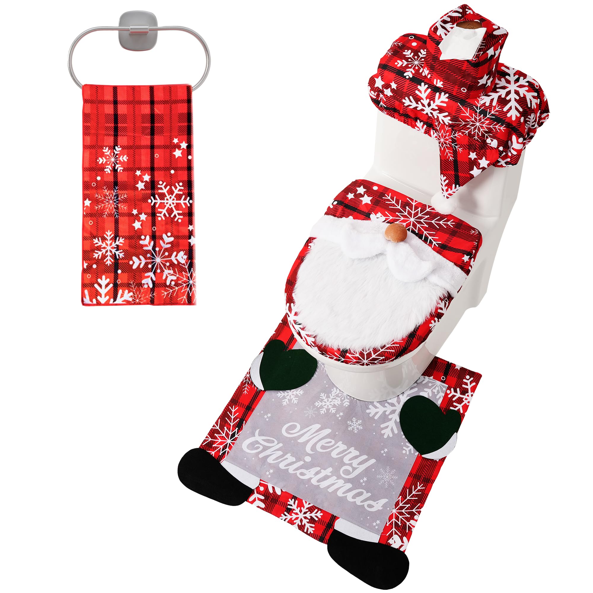 JOYIN 5 Pieces Christmas Theme Bathroom Decoration Set w/Toilet Seat Cover, Rugs, Tank Cover, Toilet Paper Box Cover and Santa Towel for Xmas Indoor Décor, Party Favors (Santa)