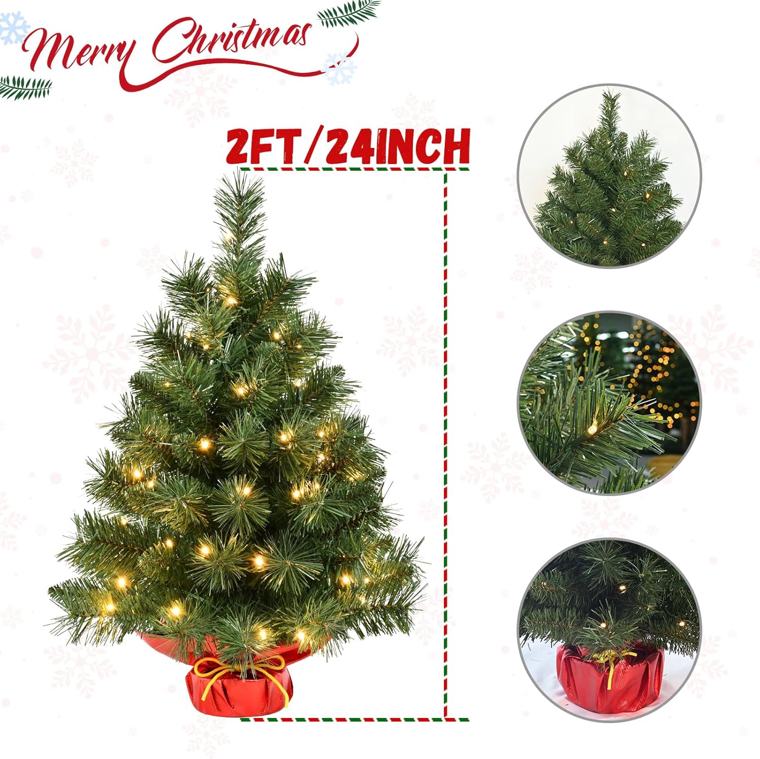 Pre-lit 2ft Small Christmas Tree, Leeheeyee Artificial mini Christmas Tree with 50 LED Lights, Battery Operated Tabletop Xmas Tree with Burlap Base for Table Desk Home Christmas Decor