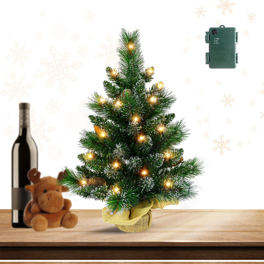 Pre-lit 2ft Small Christmas Tree, Leeheeyee Artificial mini Christmas Tree with 50 LED Lights, Battery Operated Tabletop Xmas Tree with Burlap Base for Table Desk Home Christmas Decor