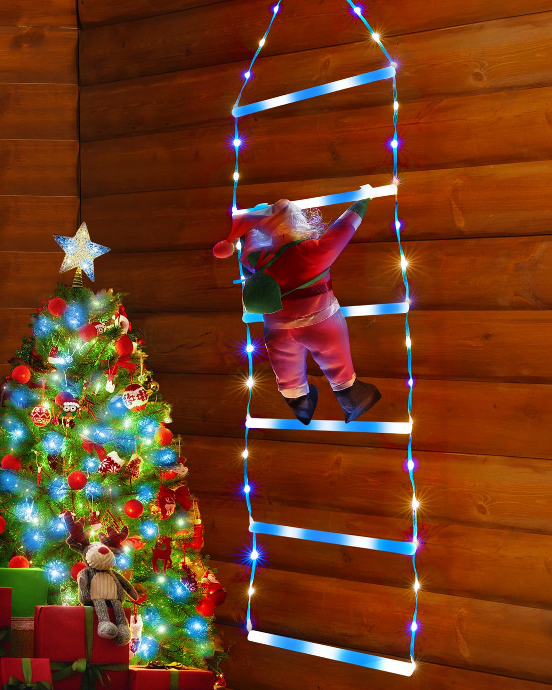 Toodour LED Christmas Lights - 10ft Christmas Decorative Ladder Lights with Santa Claus, Xmas Decorations Light for Indoor Outdoor, Window, Garden, Home, Wall, Xmas Tree Decor - Warm White