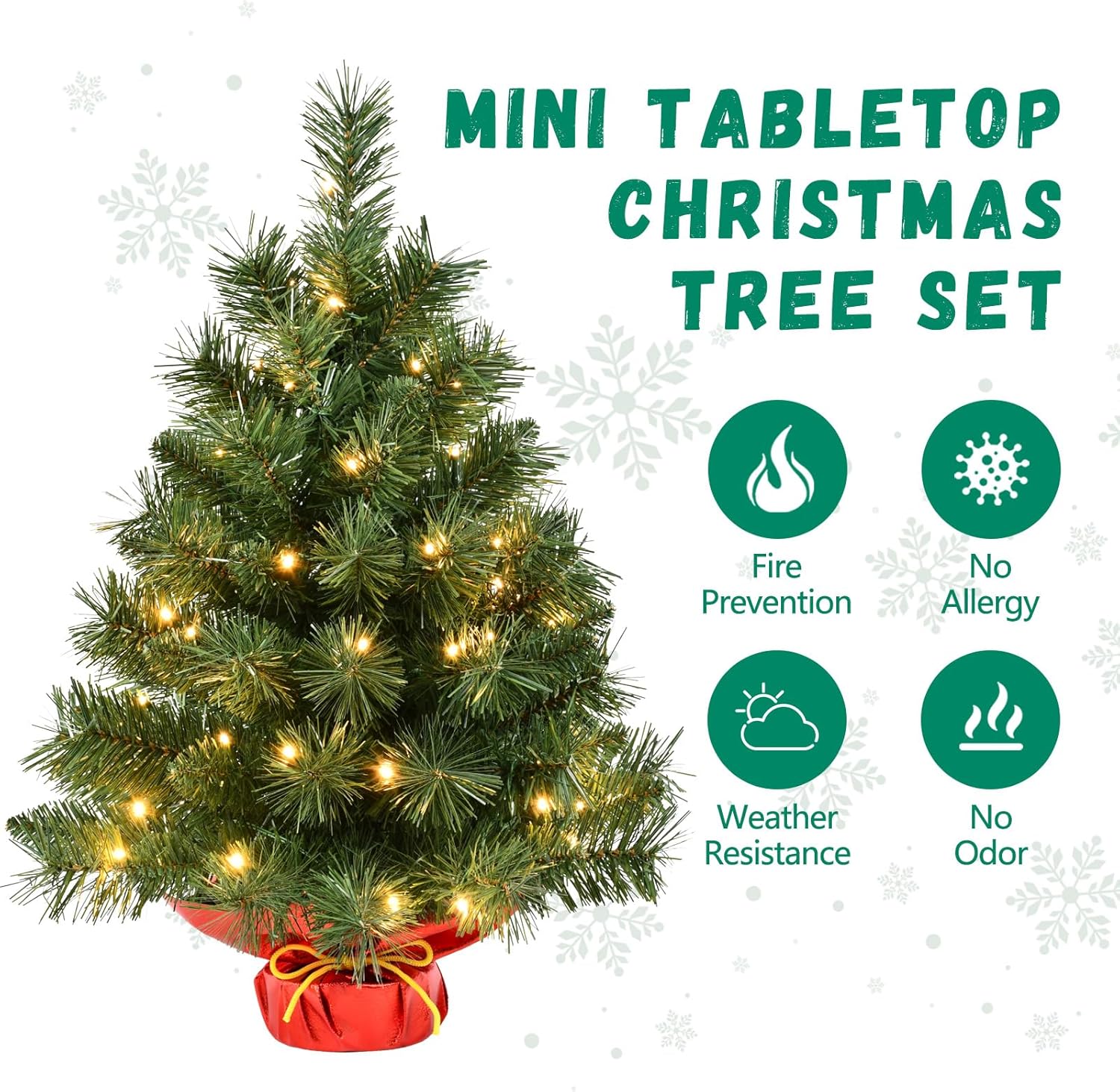 Pre-lit 2ft Small Christmas Tree, Leeheeyee Artificial mini Christmas Tree with 50 LED Lights, Battery Operated Tabletop Xmas Tree with Burlap Base for Table Desk Home Christmas Decor