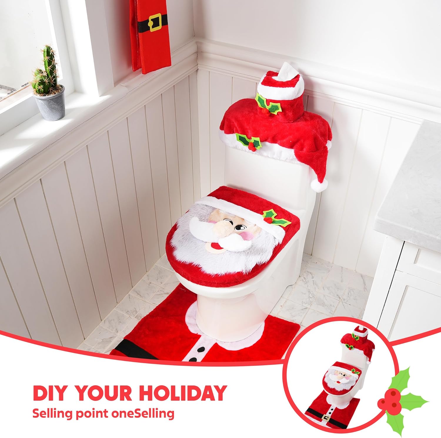 JOYIN 5 Pieces Christmas Theme Bathroom Decoration Set w/Toilet Seat Cover, Rugs, Tank Cover, Toilet Paper Box Cover and Santa Towel for Xmas Indoor Décor, Party Favors (Santa)