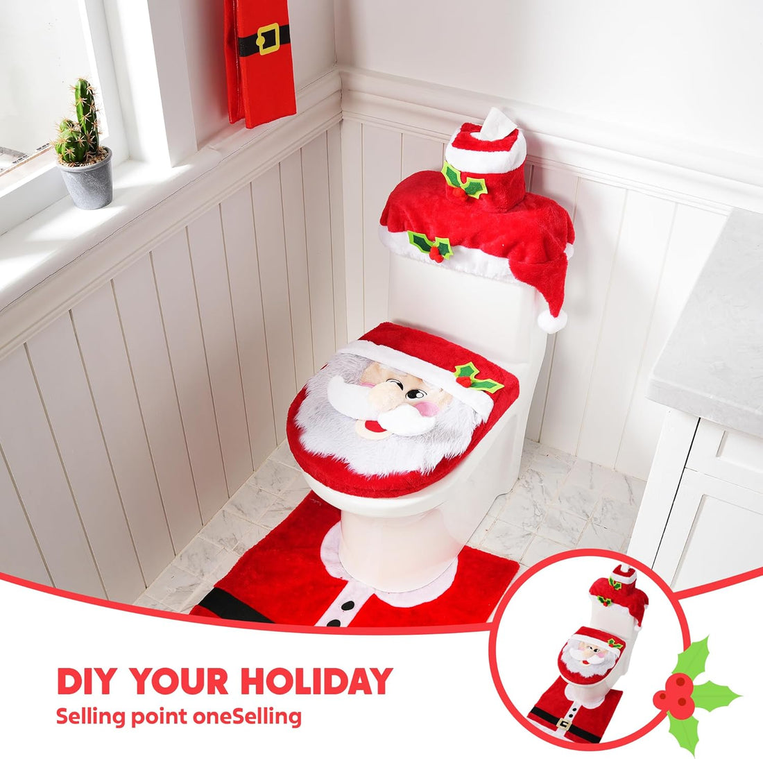 JOYIN 5 Pieces Christmas Theme Bathroom Decoration Set w/Toilet Seat Cover, Rugs, Tank Cover, Toilet Paper Box Cover and Santa Towel for Xmas Indoor Décor, Party Favors (Santa)