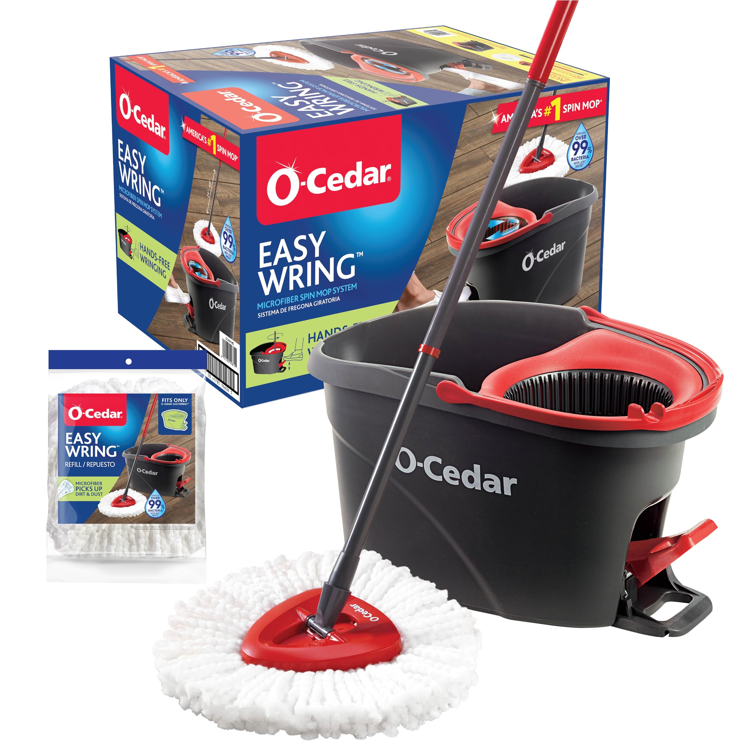 O-Cedar EasyWring Microfiber Spin Mop, Bucket Floor Cleaning System, Red, Gray, Standard