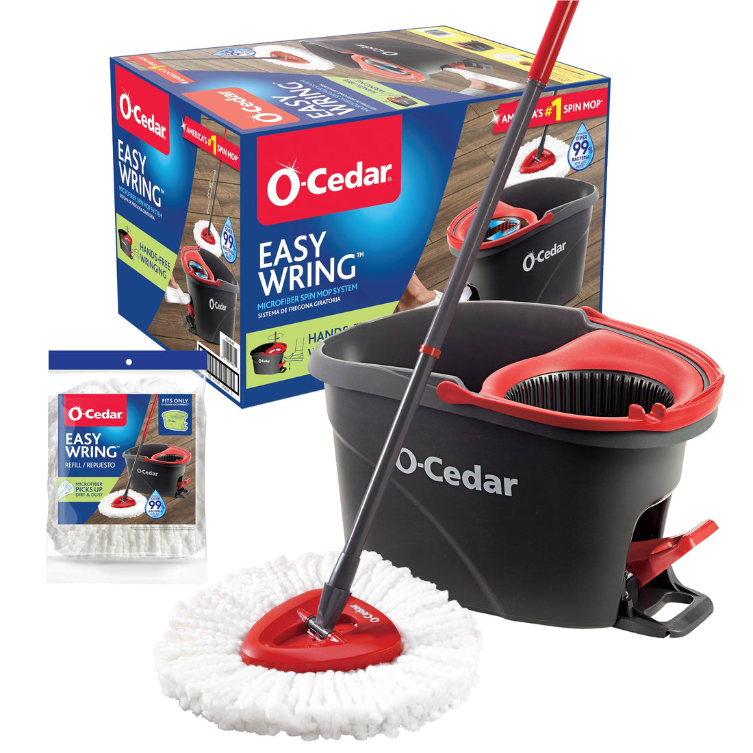 O-Cedar EasyWring Microfiber Spin Mop, Bucket Floor Cleaning System, Red, Gray, Standard