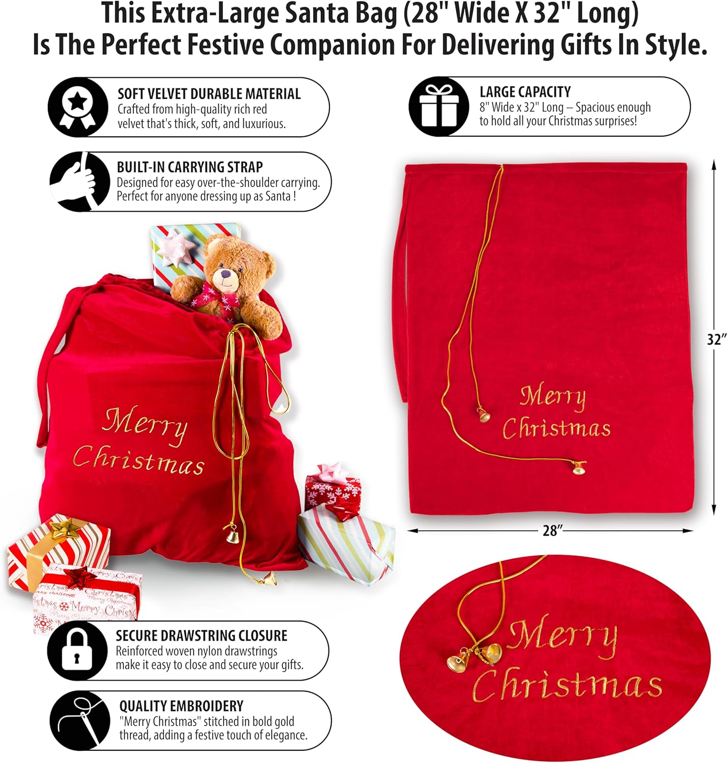 Christmas Big Red Velvet Santa Claus Bag 28 x 32 Inches