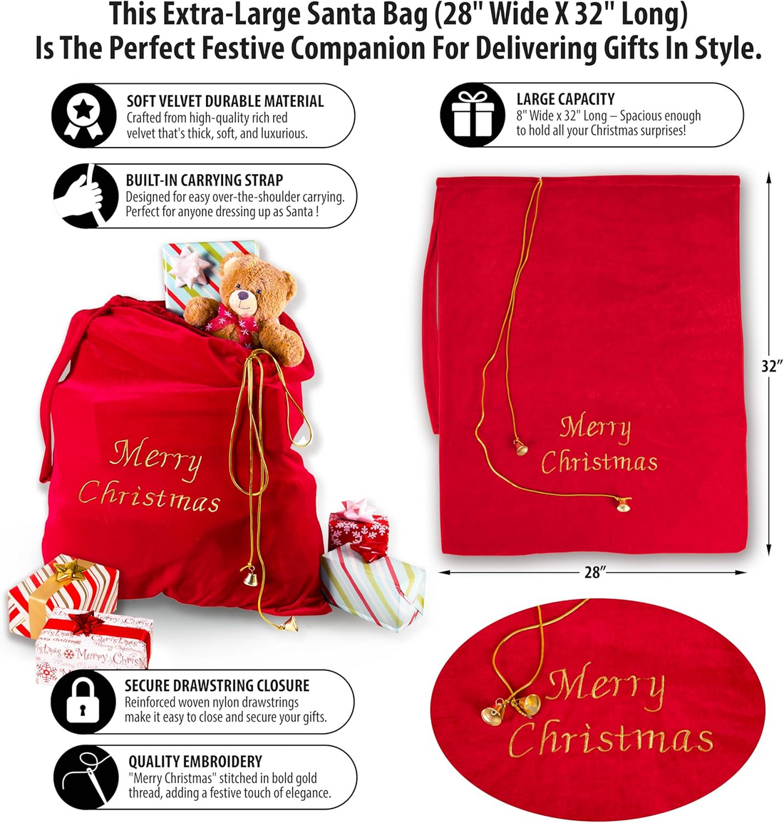 Christmas Big Red Velvet Santa Claus Bag 28 x 32 Inches