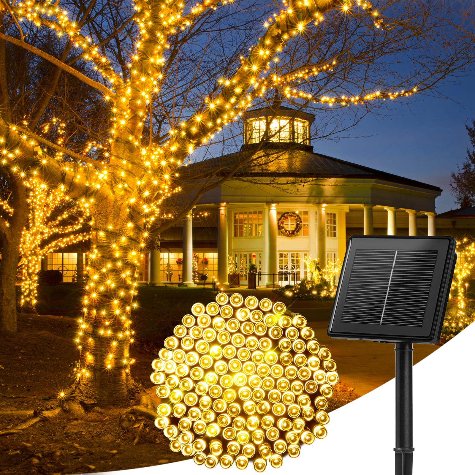 Minetom Solar String Lights Outdoor Waterproof- 40 FT 100 LED Solar Powered String Lights with 8 Lighting Modes, IP65 Waterproof Solar Christmas Lights for Outdoor Outside Tree Party Decor, Warm White