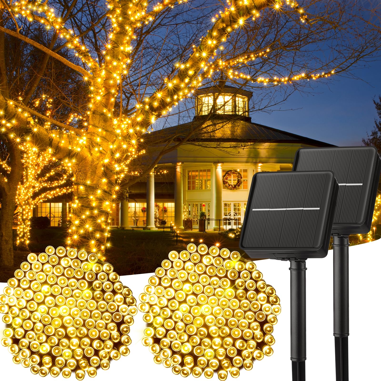 Minetom Solar String Lights Outdoor Waterproof- 40 FT 100 LED Solar Powered String Lights with 8 Lighting Modes, IP65 Waterproof Solar Christmas Lights for Outdoor Outside Tree Party Decor, Warm White