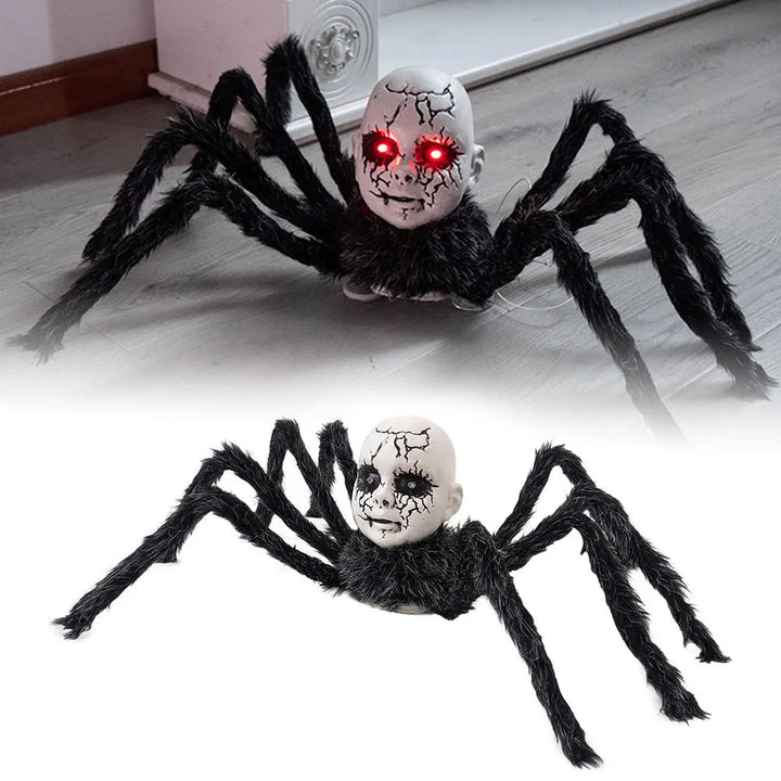 Halloween Animatronic Doll Face Spider Motion Activated Glowing Eyes Sound Control Scary Walking Toy Haunted House Prop