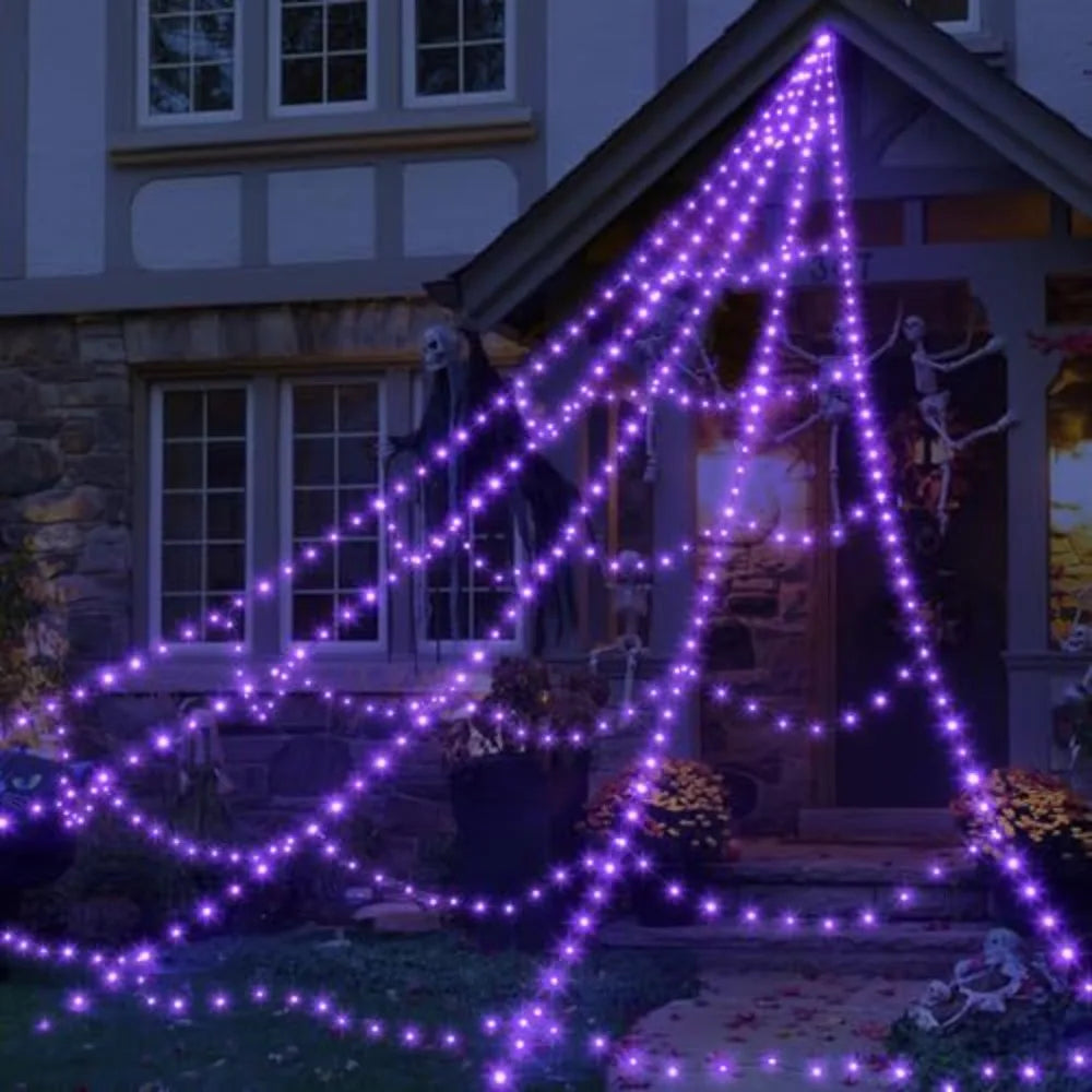 Practical 8 Modes Halloween Spider Web Lights Waterproof 250 LEDs LED Spider Net 5m Big Scary Giant Spider Party