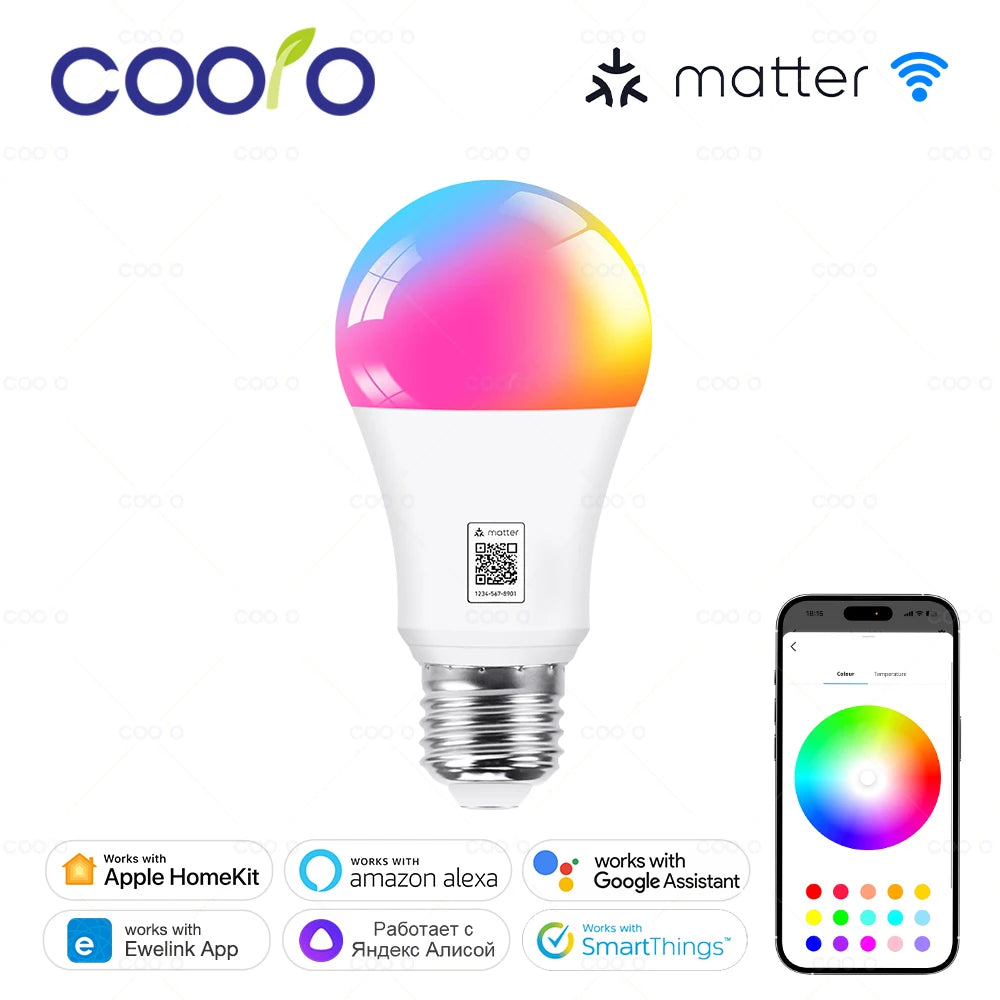 Matter WiFi E27 Smart LED Light Bulbs Dimmable RGB+2700K-6500K Lamp Work With Ewelink Apple Home Alexa Google Home Yandex Alice