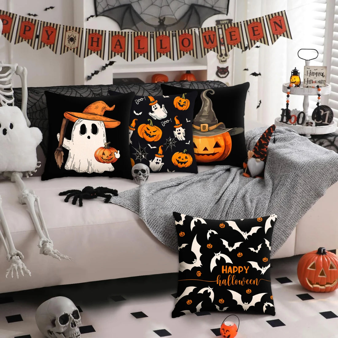 1pc/4pcs Halloween decoration pillow cover, trick or treat cushion cover, ghost, pumpkin head, bat decoration sofa cushion cover