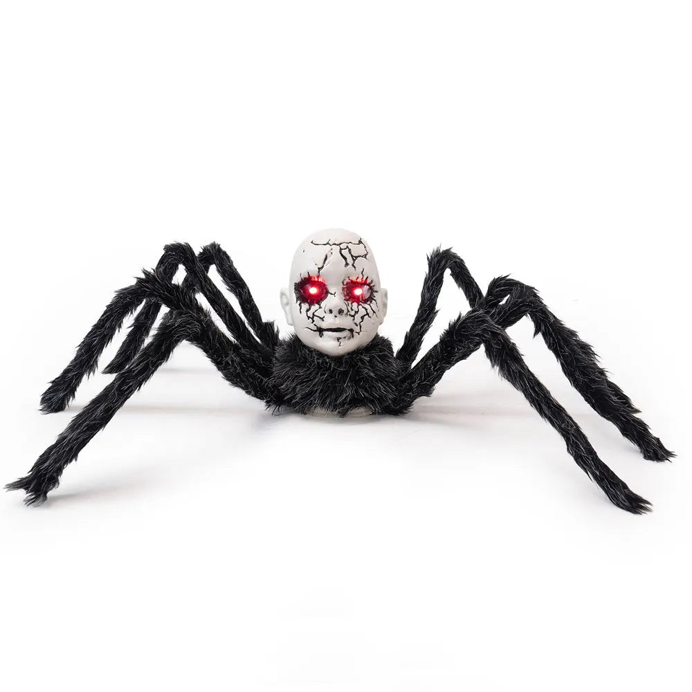 Halloween Animatronic Doll Face Spider Motion Activated Glowing Eyes Sound Control Scary Walking Toy Haunted House Prop