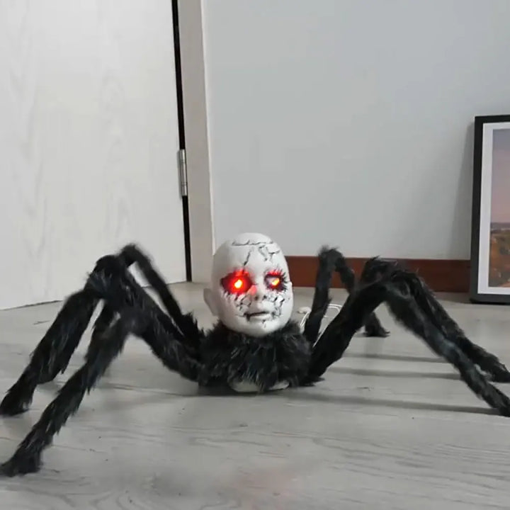 Halloween Animatronic Doll Face Spider Motion Activated Glowing Eyes Sound Control Scary Walking Toy Haunted House Prop
