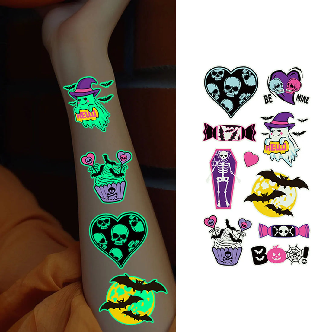 10Sheets(106 Patterns) Glow in the Dark Temporary Tattoos Stickers, Halloween Vampire, Skeleton, Zombie, Ghost, Pumpkin Designs
