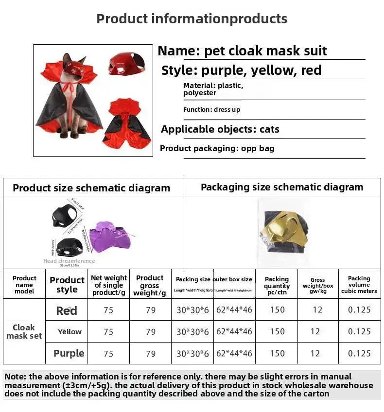Halloween Vampire Pet Costumes Couture Set with Mask Cape for Cats Dog Halloween Festival Set Dress Up Pet Parties Cloak Clothes