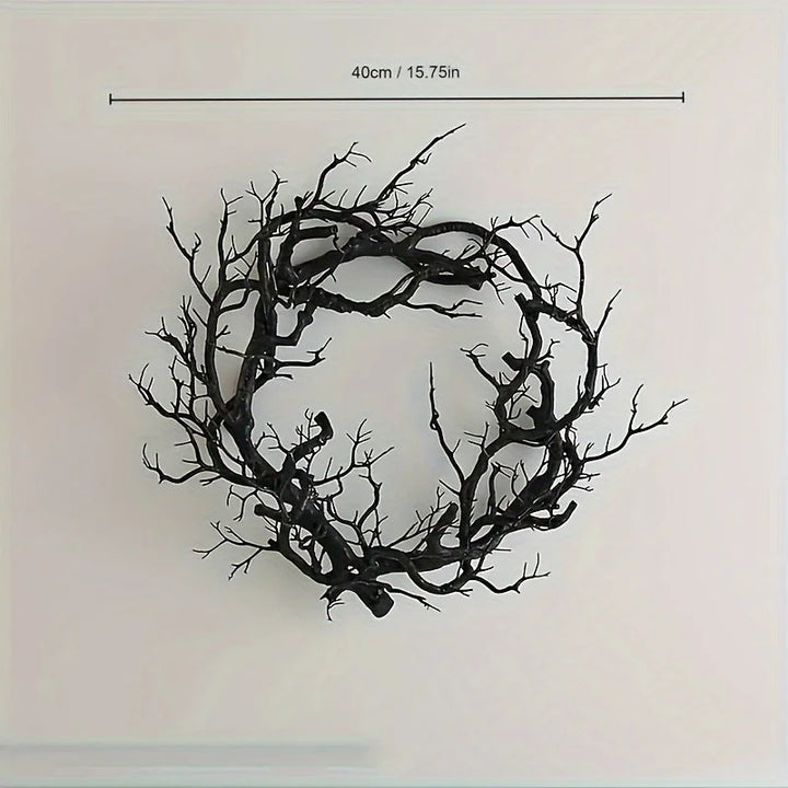 1pc Spooky Prank Black Branch Wreath Decoration-Vintage Indoor/Outdoor Wall-Mounted Hanging Garland with Twisted Branches