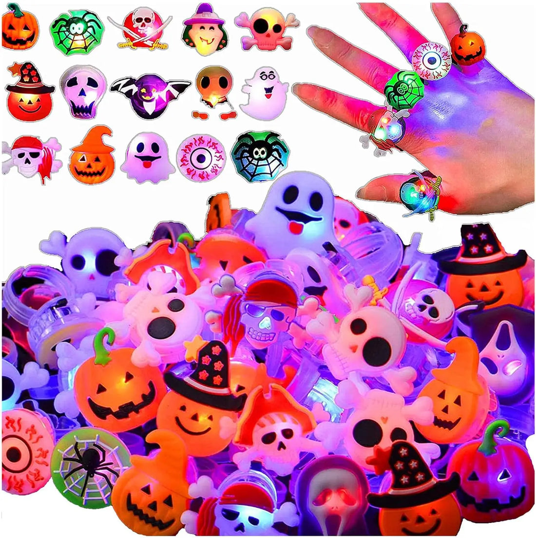 20/50pc Halloween LED Light Up Rings Toys Horror Pumpkin Ghost Spider Glow Finger Rings for Kids Trick Party Supplies Party Gift